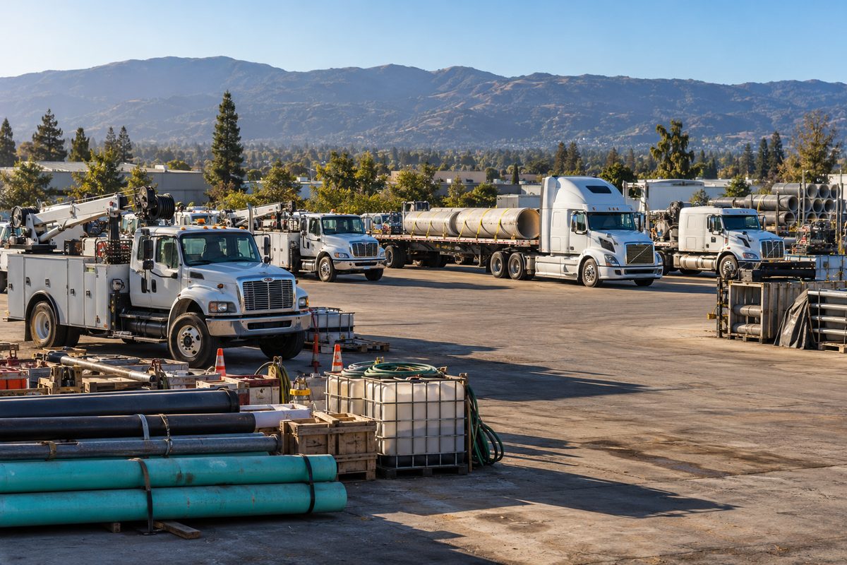 Carrier fleet staging yard in Mountain View with service trucks prepared for daily dispatch.
