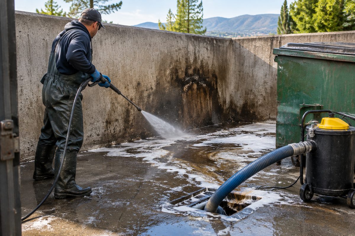 Deep cleaning and degreasing of a commercial dumpster enclosure pad.