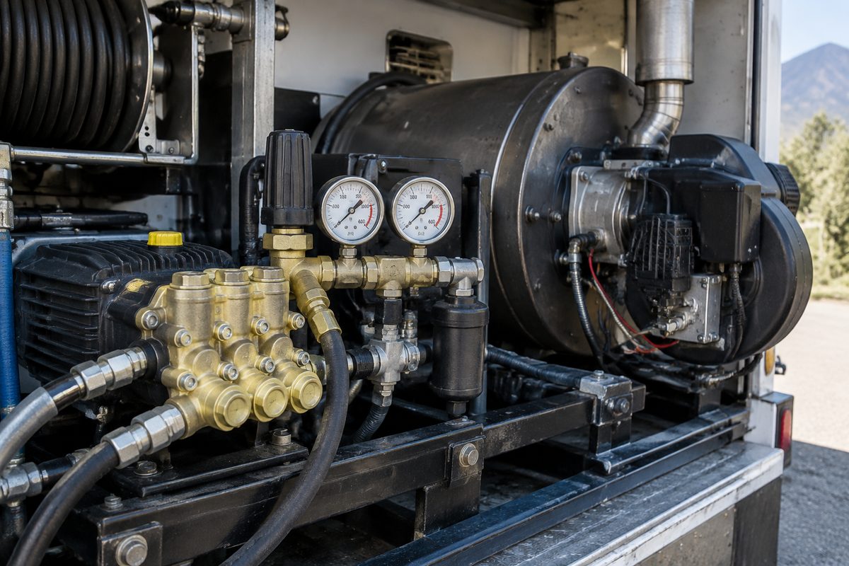 Technical detail of truck-mounted pressure washing and vacuum recovery pumps.
