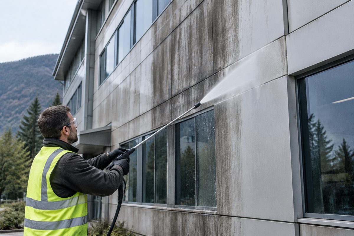 Technician performing commercial facade washing on a retail building exterior.