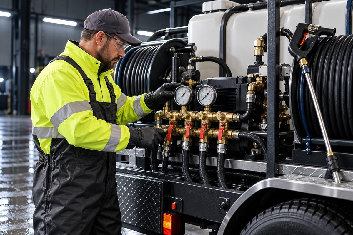 Commercial fleet technician verifying high-pressure manifold settings and vacuum lines before dispatch.