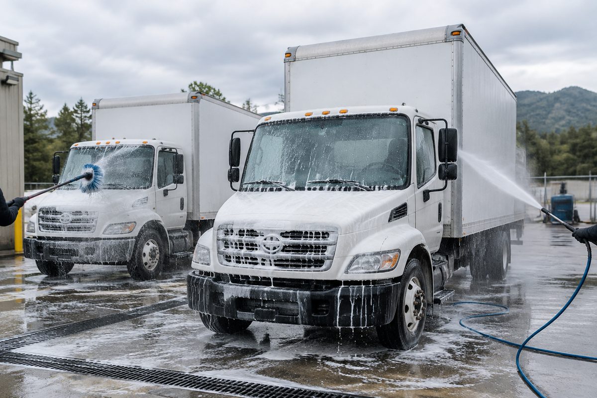 Commercial delivery vehicle being washed with runoff containment.