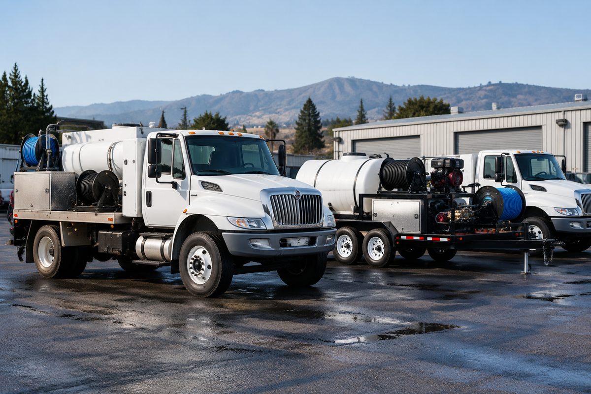 American Power Washing and Sanitation commercial utility rig and vacuum recovery vehicle ready for dispatch.
