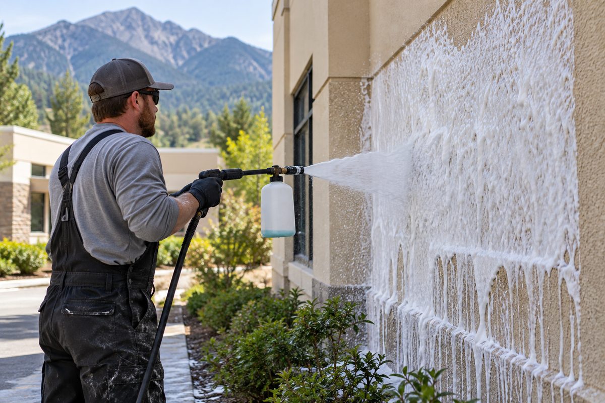 Low-pressure chemical foam clinging to commercial exterior siding during biocide dwell cycle.