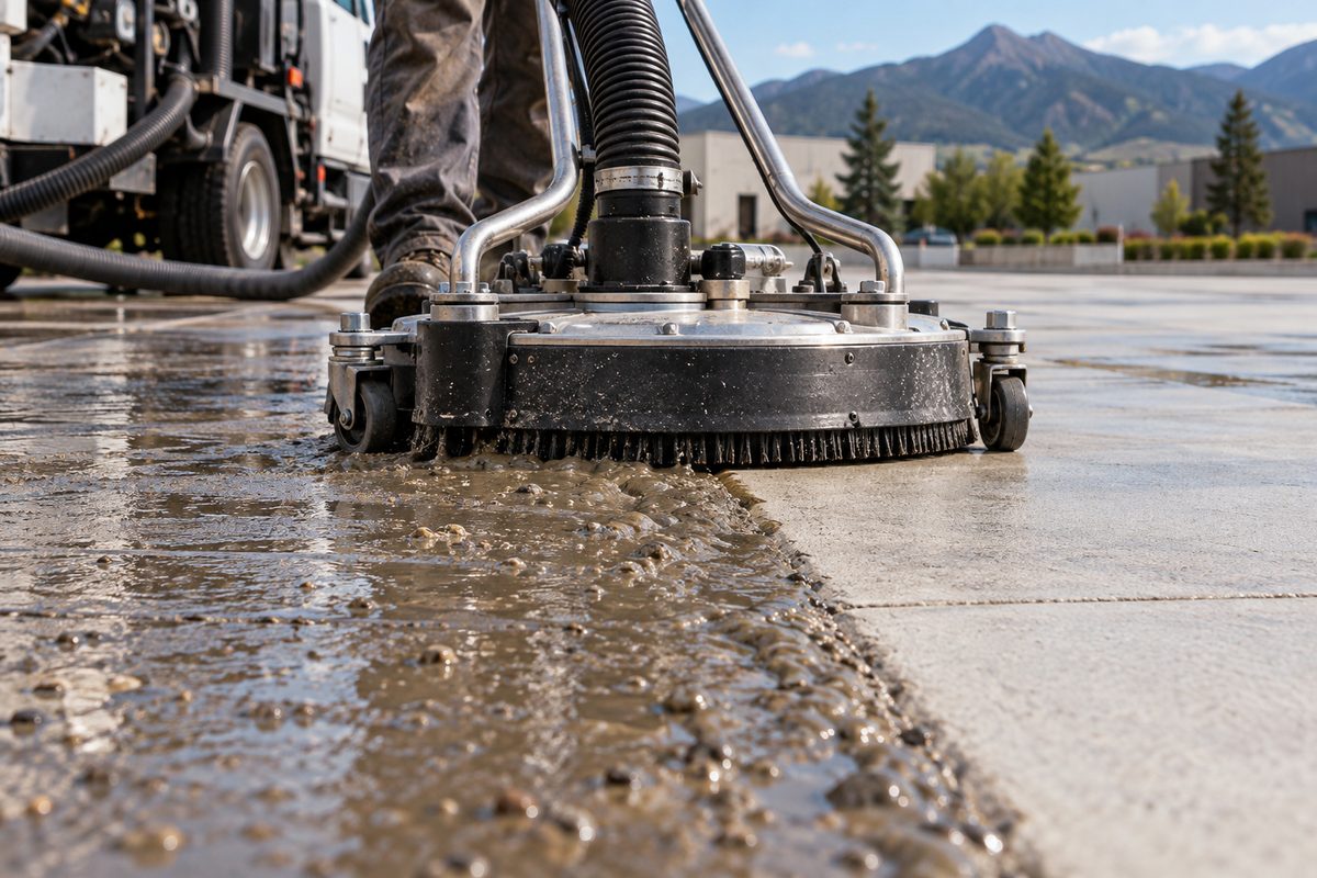 Vacuum recovery shroud pulling contaminated wash slurry from pavement directly into closed recovery line.