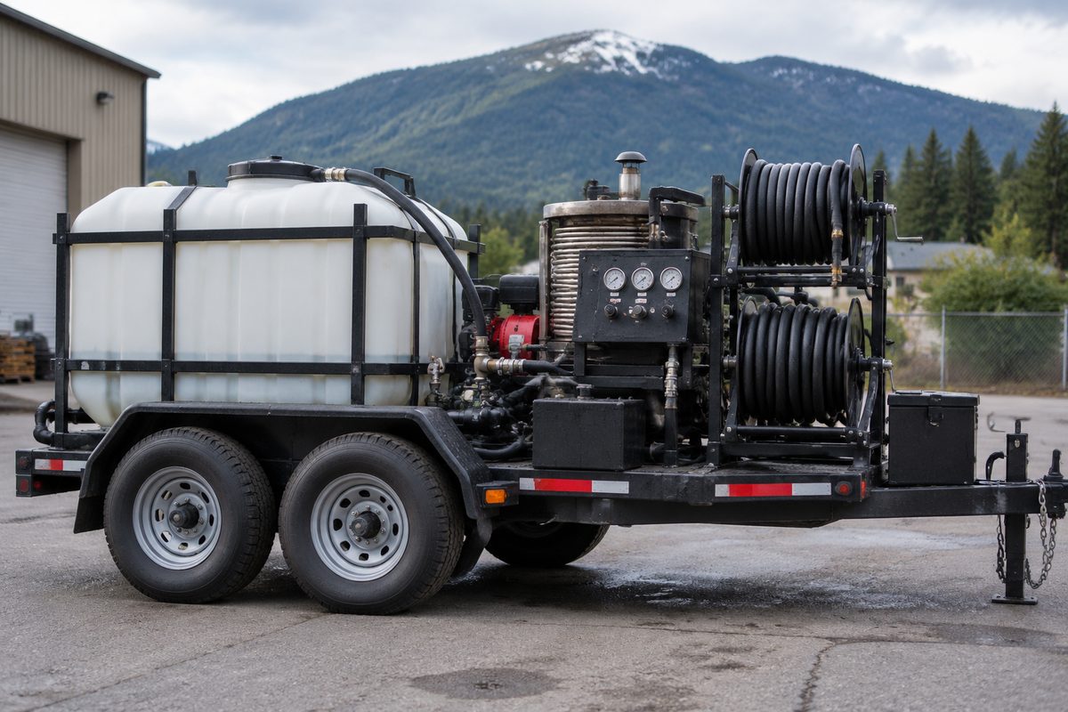 Commercial trailer rig equipped with industrial pressure washers and hot water heater.