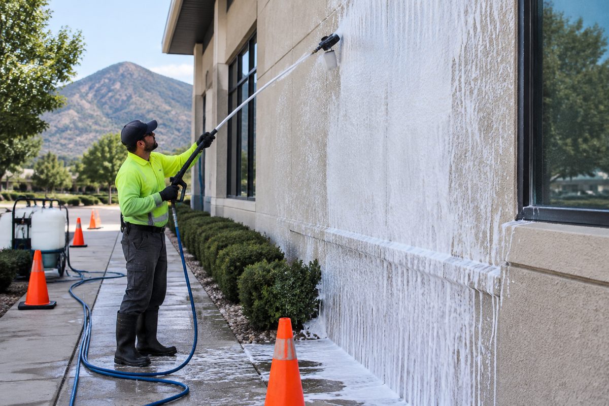 Low-pressure soft wash treatment applied to a commercial building exterior.