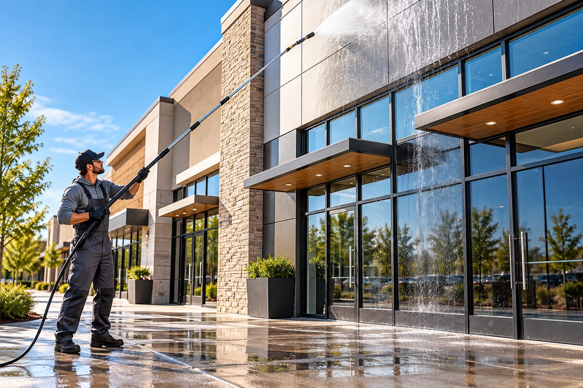 High-reach lance washing architectural facade panels on a commercial storefront building.