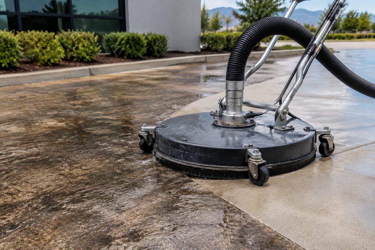 Rotary surface cleaner operating with closed-loop vacuum water recovery on commercial concrete.