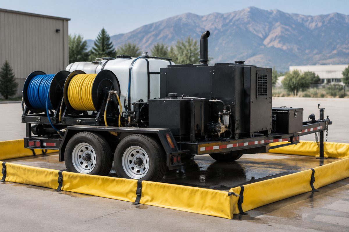 Commercial utility crew deploying power washing rig and safety containment for site dispatch