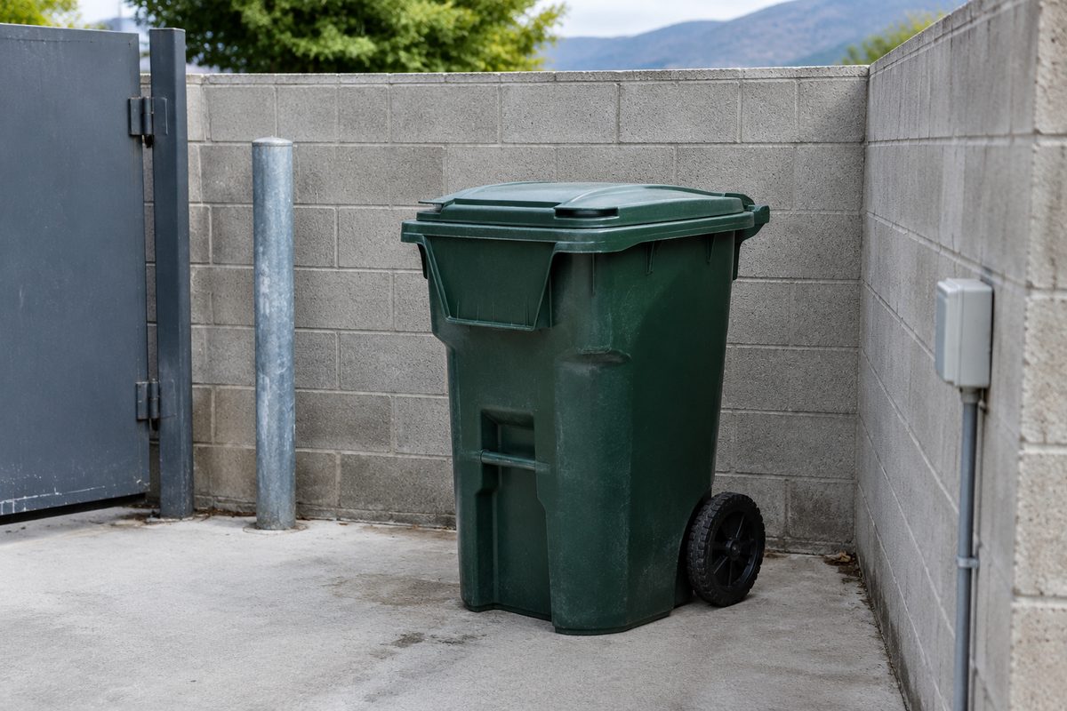 Commercial 32-gallon wheeled waste container for monthly and weekly scheduled pickup.