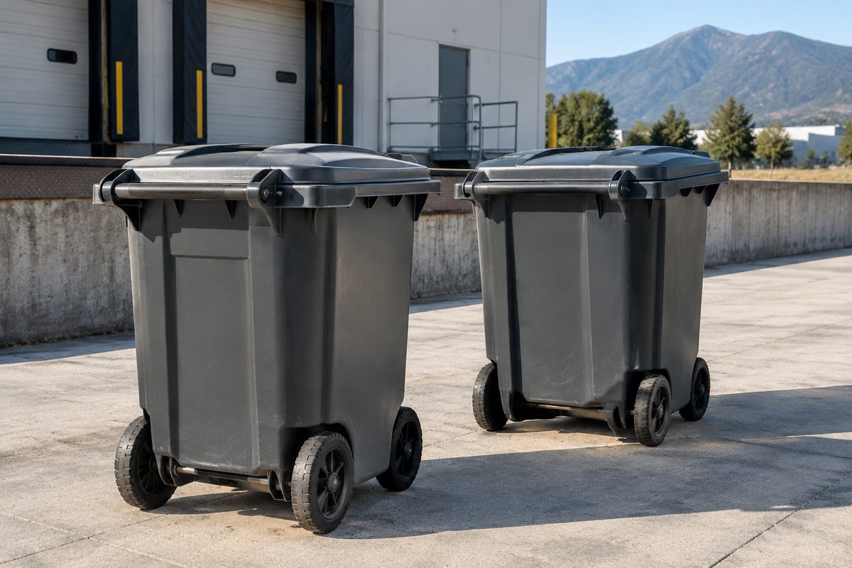 Commercial 64-gallon wheeled waste container for commercial facilities.