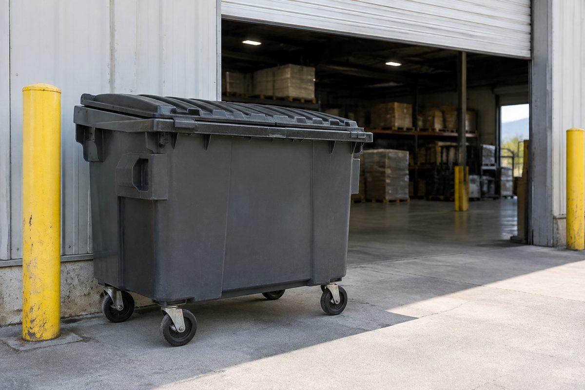 High-capacity commercial 96-gallon waste container for industrial facilities.