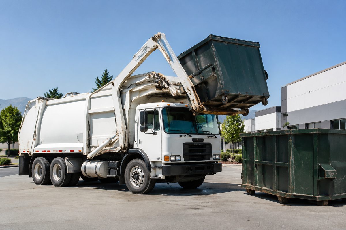 Commercial carrier refuse truck servicing commercial customer container route.